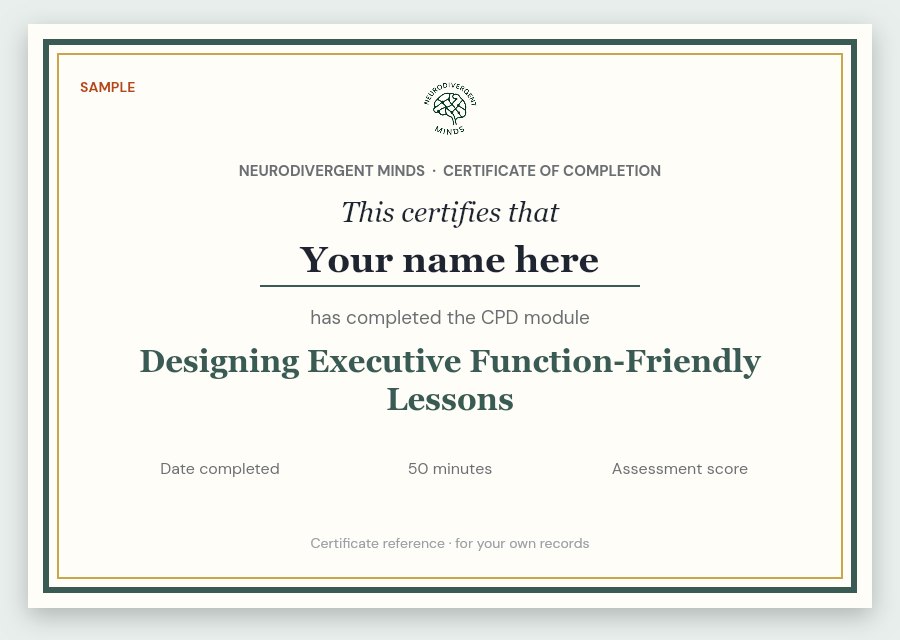 Sample certificate for Designing Executive Function-Friendly Lessons