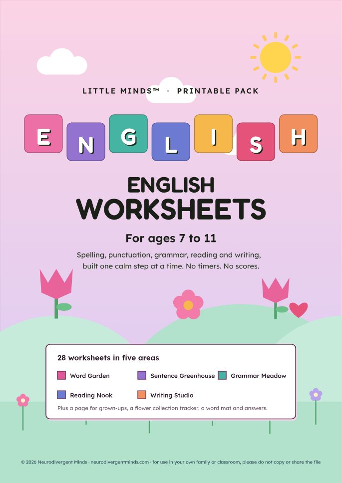 Front cover of English in the Blossom theme: a soft pink flower meadow with the title in coloured tiles