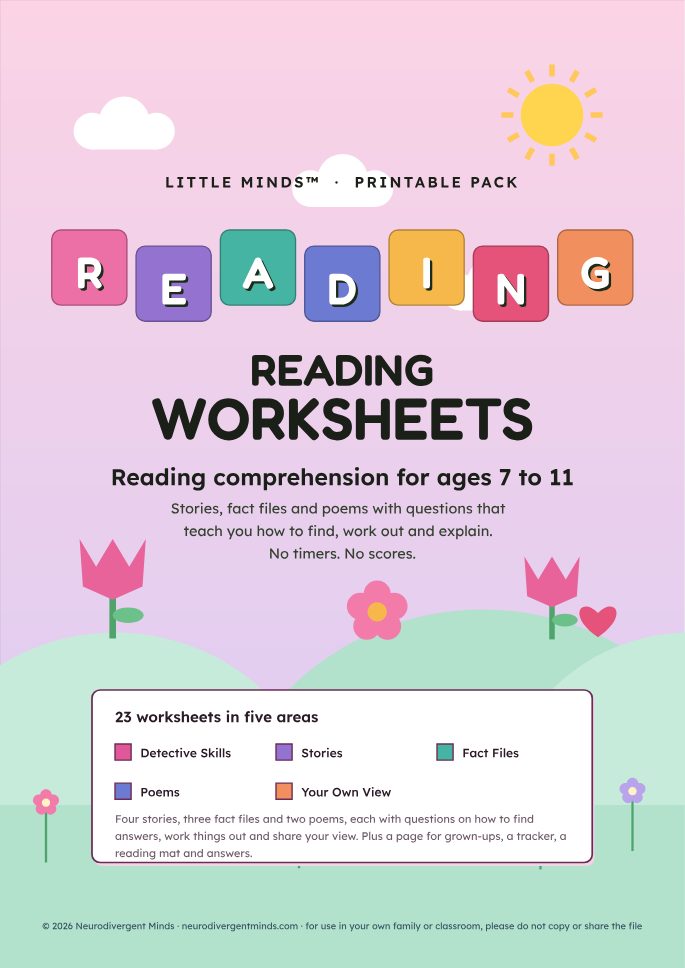 Front cover of Reading Comprehension in the Blossom theme: a soft pink flower meadow with the title in coloured tiles