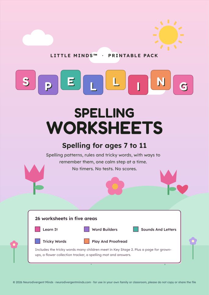 Front cover of Spelling in the Blossom theme: a soft pink flower meadow with the title in coloured tiles
