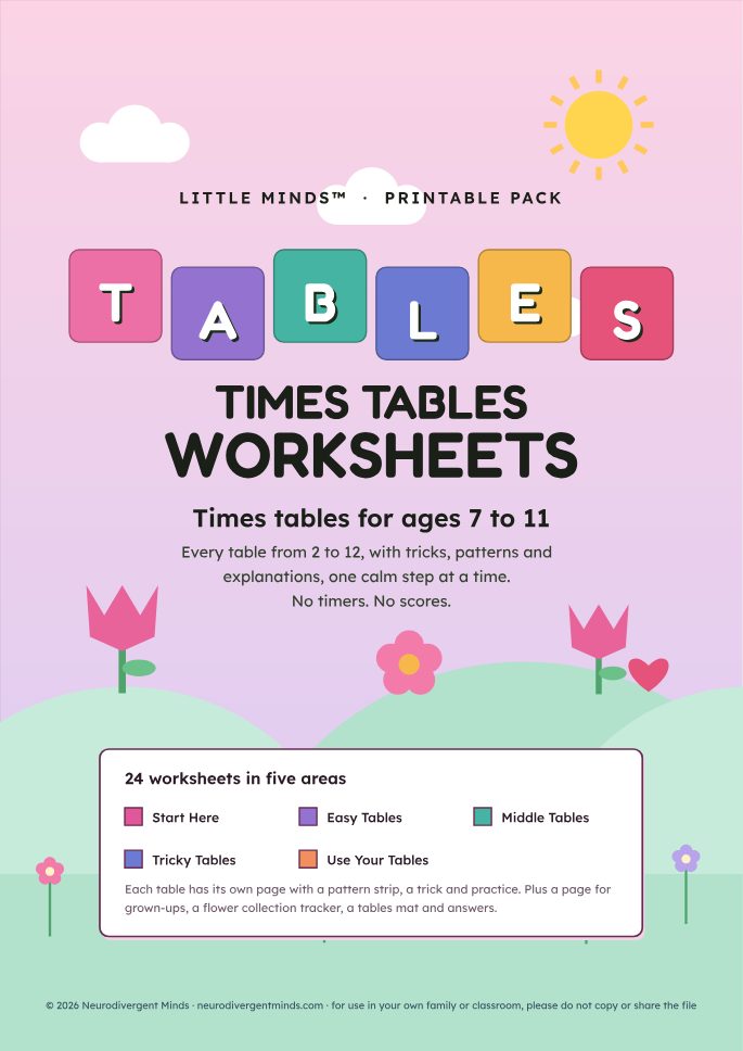 Front cover of Times Tables in the Blossom theme: a soft pink flower meadow with the title in coloured tiles